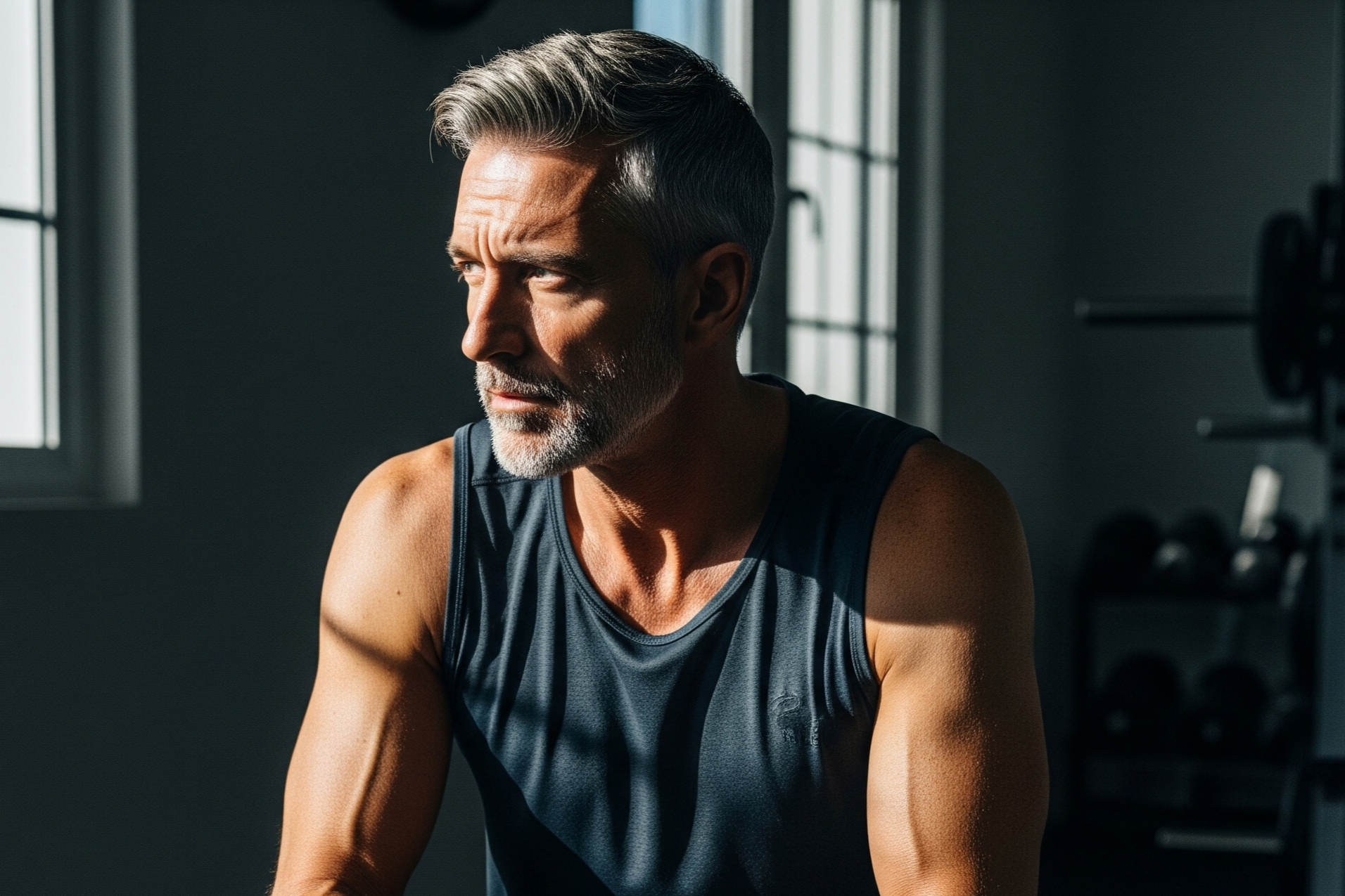 Man sitting on a bench in a gym setting