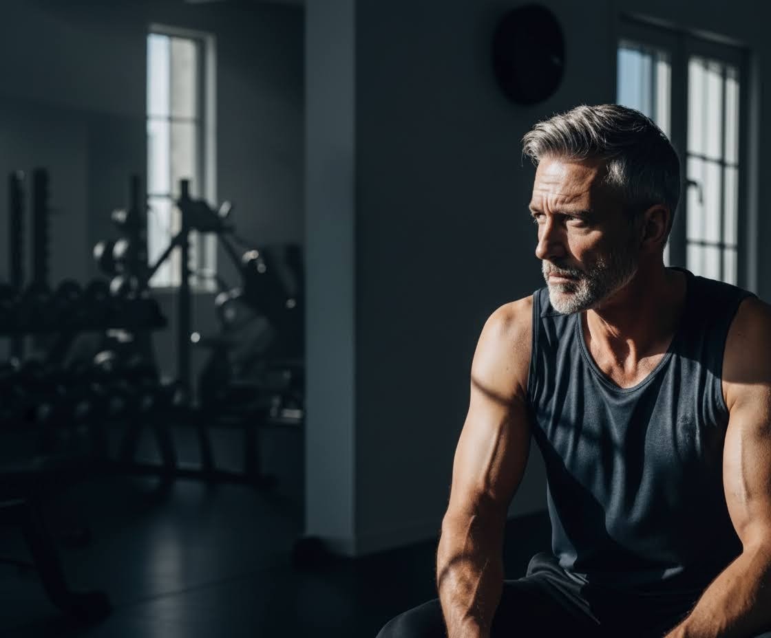 Man sitting in a gym wearing a tank top