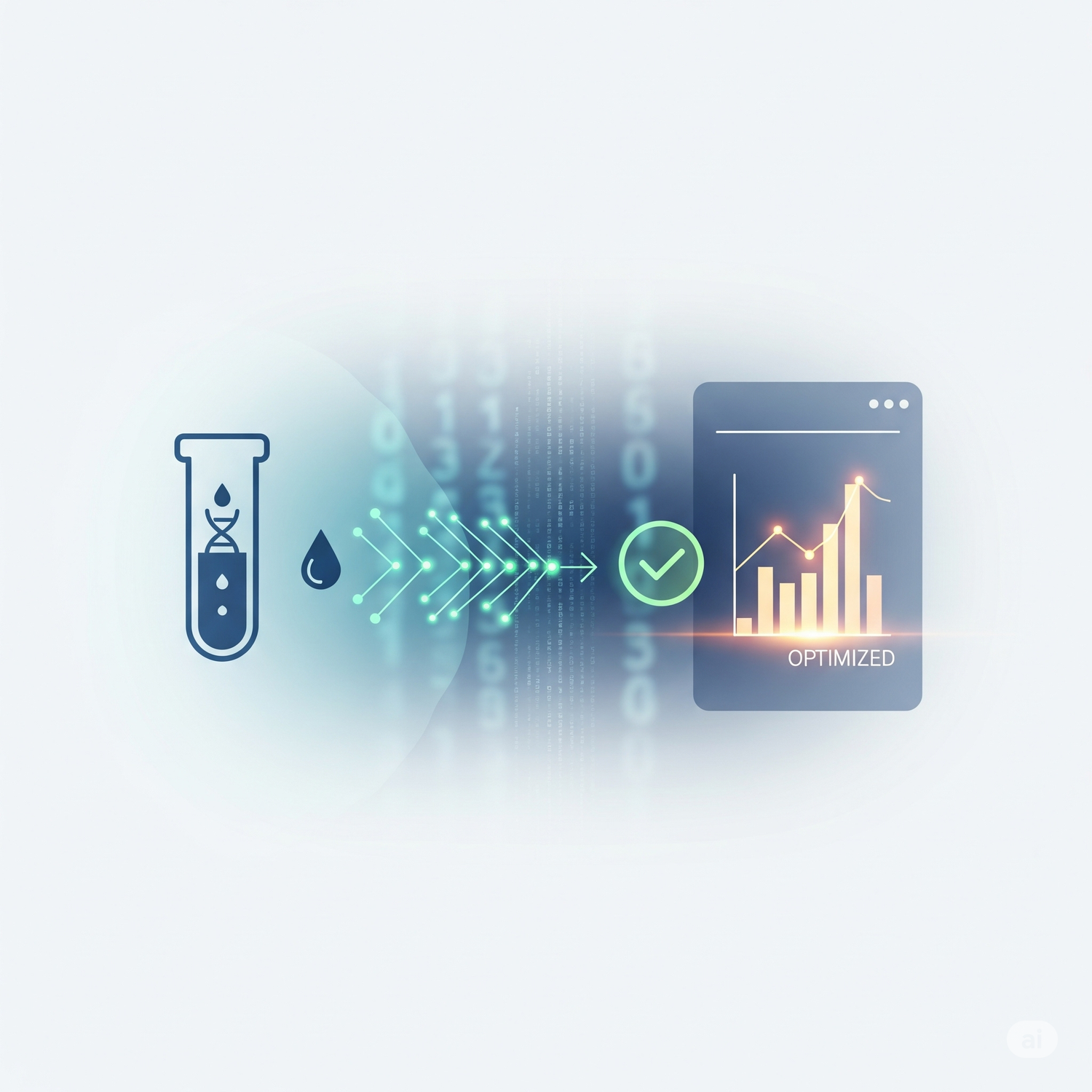 Science test tube icon, droplet, arrows, and graph on a gradient background