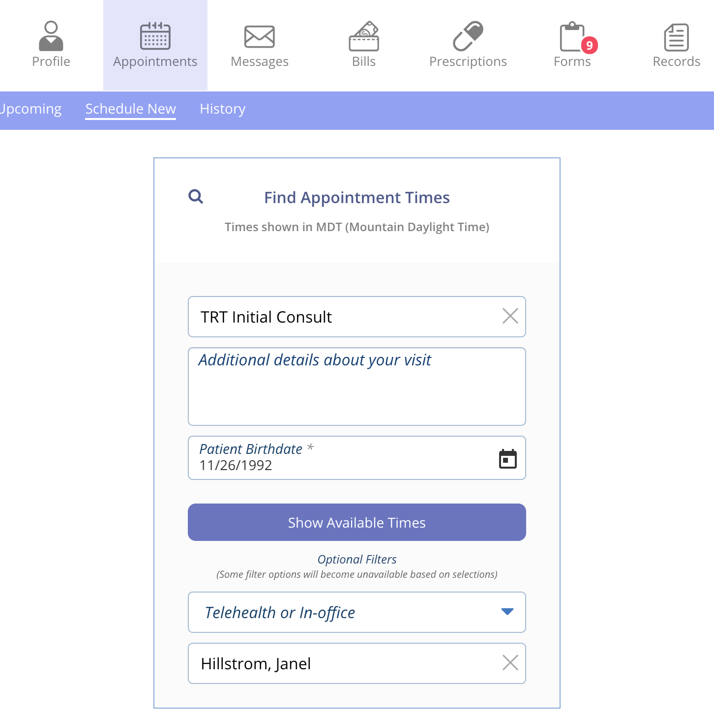 Appointment scheduling interface on a computer screen with a white background