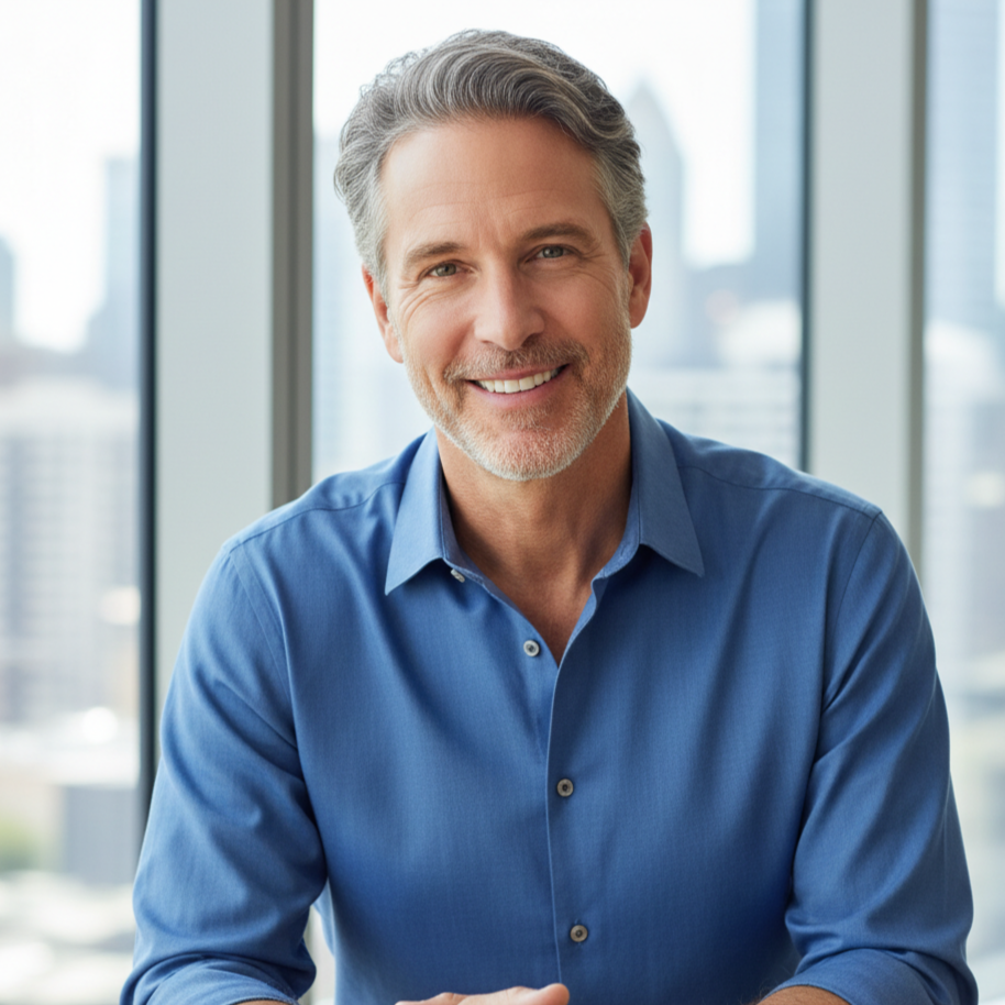 Man wearing a blue shirt in an office setting with large windows